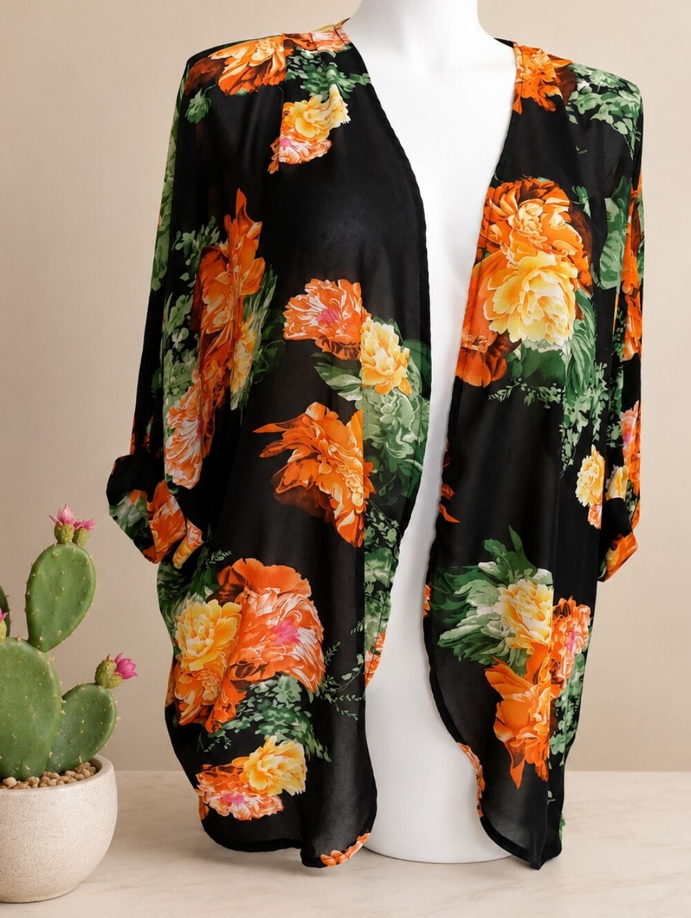 Women's Size XL Floral Open Front Kimono Cardigan | Orange & Yellow Peony Print